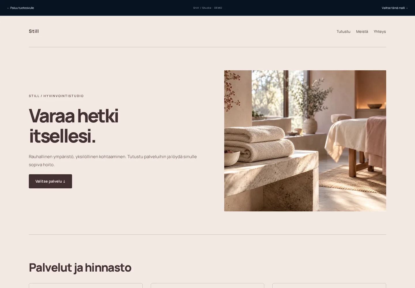 Ajanvarauksen esittelysivu – toimivan mallisivuston esikatselu