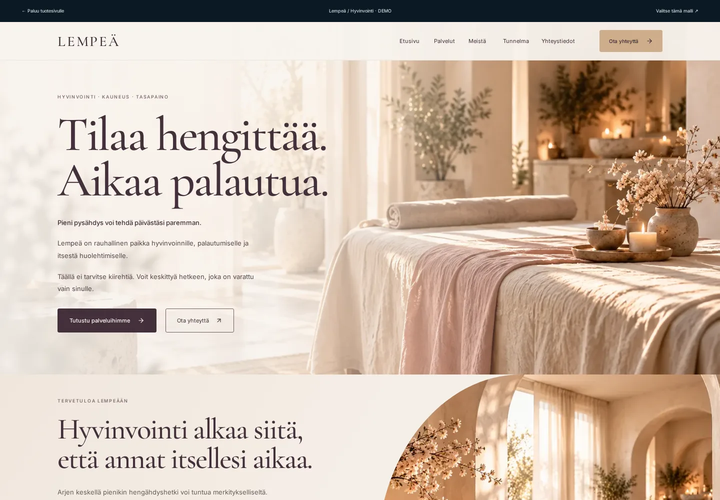 Lempeä / Hyvinvointi – kuvakaappaus demosta